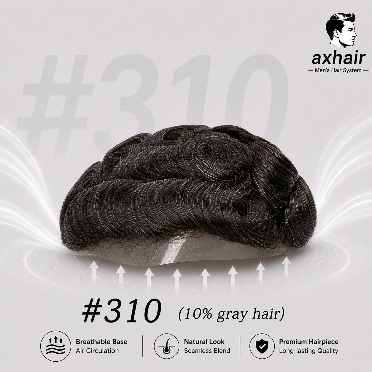 Men's toupee hairpiece, dark black wavy curls, #310 (10% gray hair)